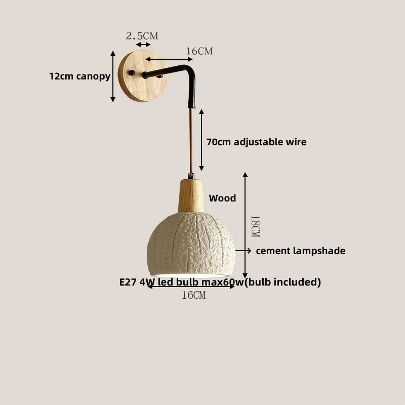 DecorBites™ Adjustable Wall Lights Pull Chain Switch Wood Socket Cement Modern Bedside Lamp