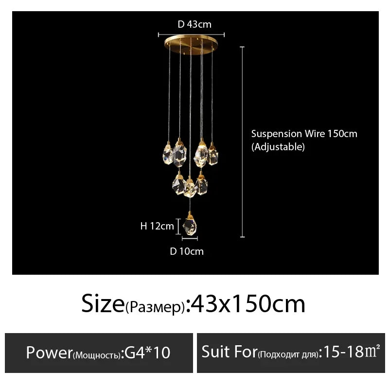 DecorBites™ Diamond Crystal Chandelier Staircase LED Golden Chandeliers Lighting for Luxurious Home Décor