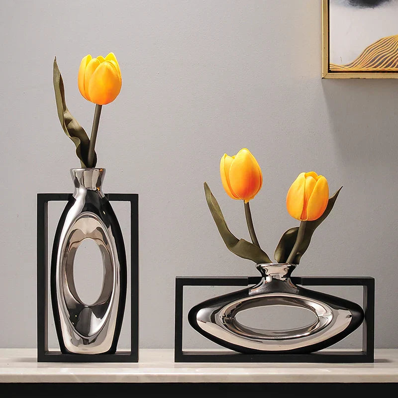 DecorBites™ Elegant Square Ceramic Vase with Artificial Flowers for Desk Decoration