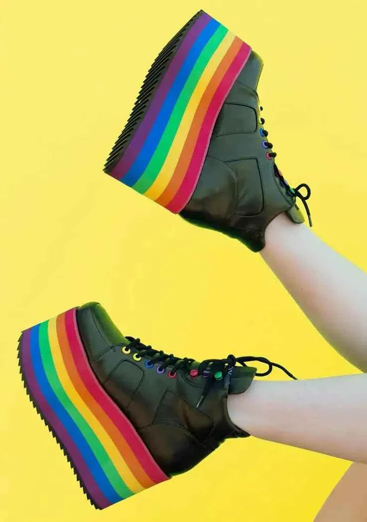 Punk Style Round Toe Knee-High Platform Boots Rainbow Color Wedges