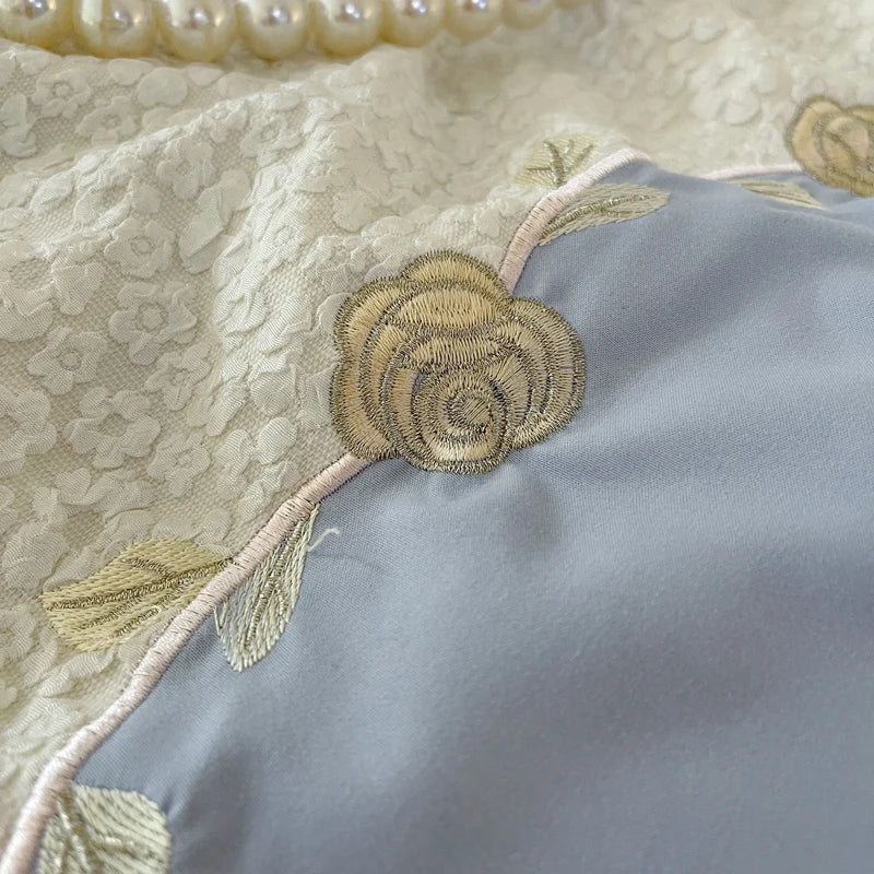 DecorBites™ Lace Embroidery Princess Bedding Set - Duvet Cover, Sheet, Pillowcases - Blue Pink Purple