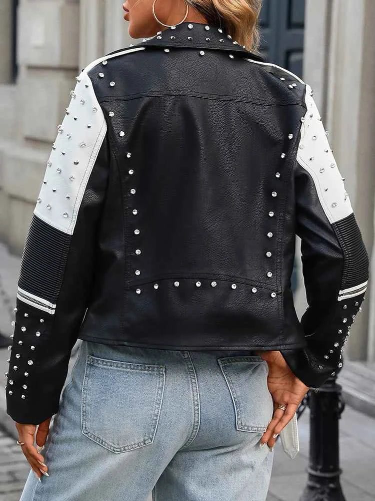 Women's Street Rivet Black White Faux Leather Jacket Moto Biker Punk Jacket