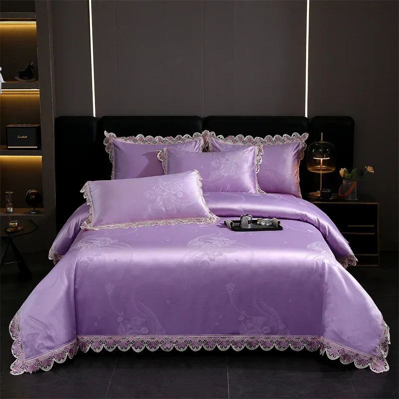DecorBites™ Golden Jacquard Cotton Lace Bedding Set - Silky Soft Duvet Cover, Flat Sheet, Pillowcase