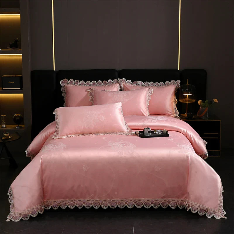 DecorBites™ Golden Jacquard Cotton Lace Bedding Set - Silky Soft Duvet Cover, Flat Sheet, Pillowcase