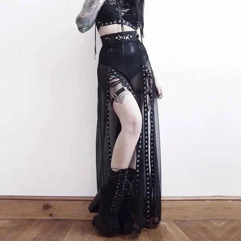 Goth Mesh Side Slit Skirt Lace Up
