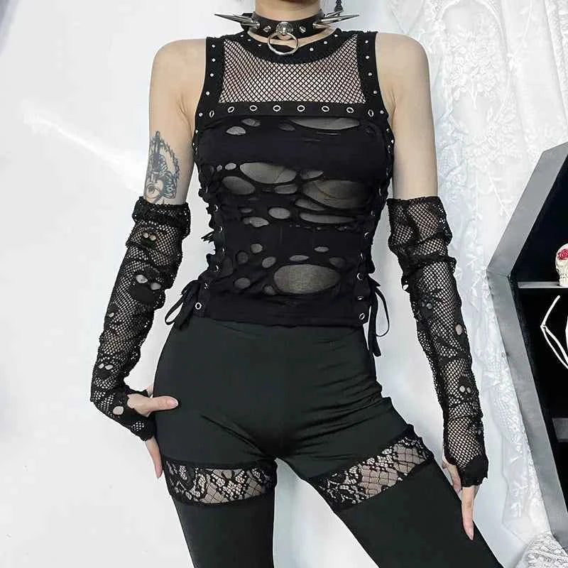 Gothic Crop Top T-Shirt for Women Sexy Fishnet Backless Steampunk