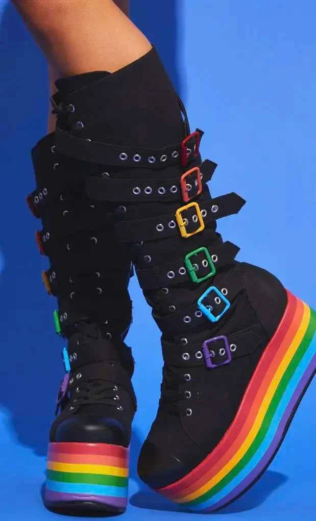 Punk Style Round Toe Knee-High Platform Boots Rainbow Color Wedges