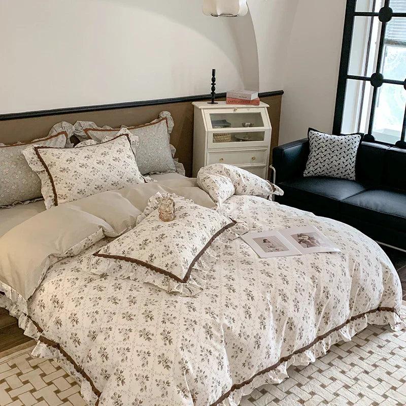 DecorBites™ French Floral Bedding Set, 100% Cotton, Ruffles, Duvet Cover, Bed Sheet, Pillowcases