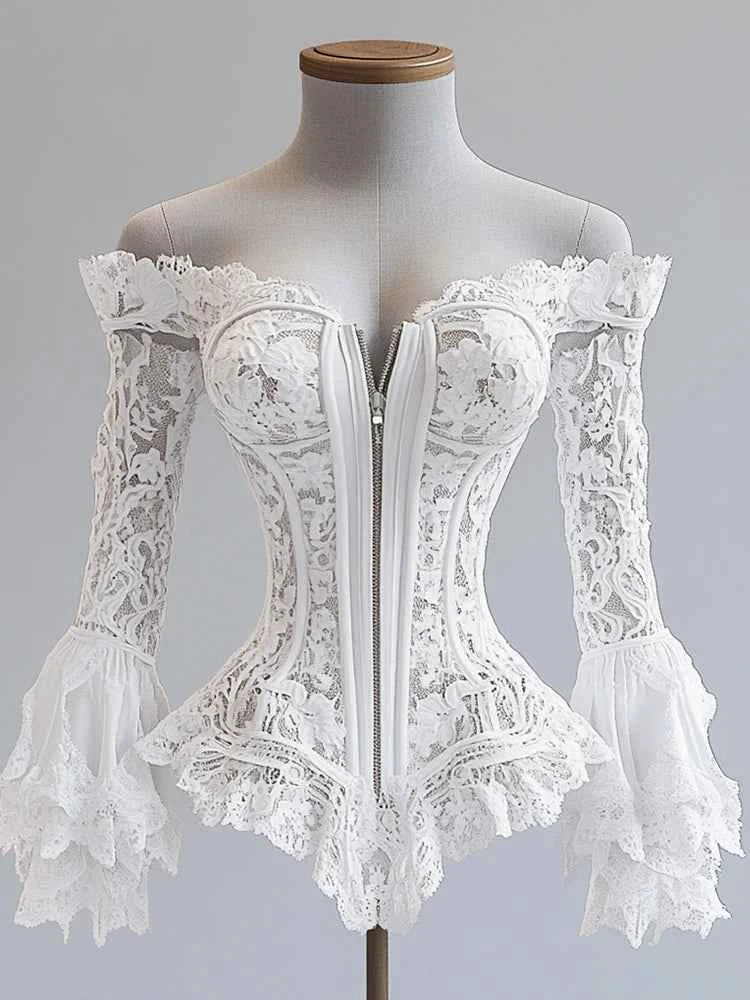 Off Shoulder Lace Blouse for Women Flare Sleeve Zipper Fly Solid Elegant Chic Hollow Out Long Sleeve Irregular Hem