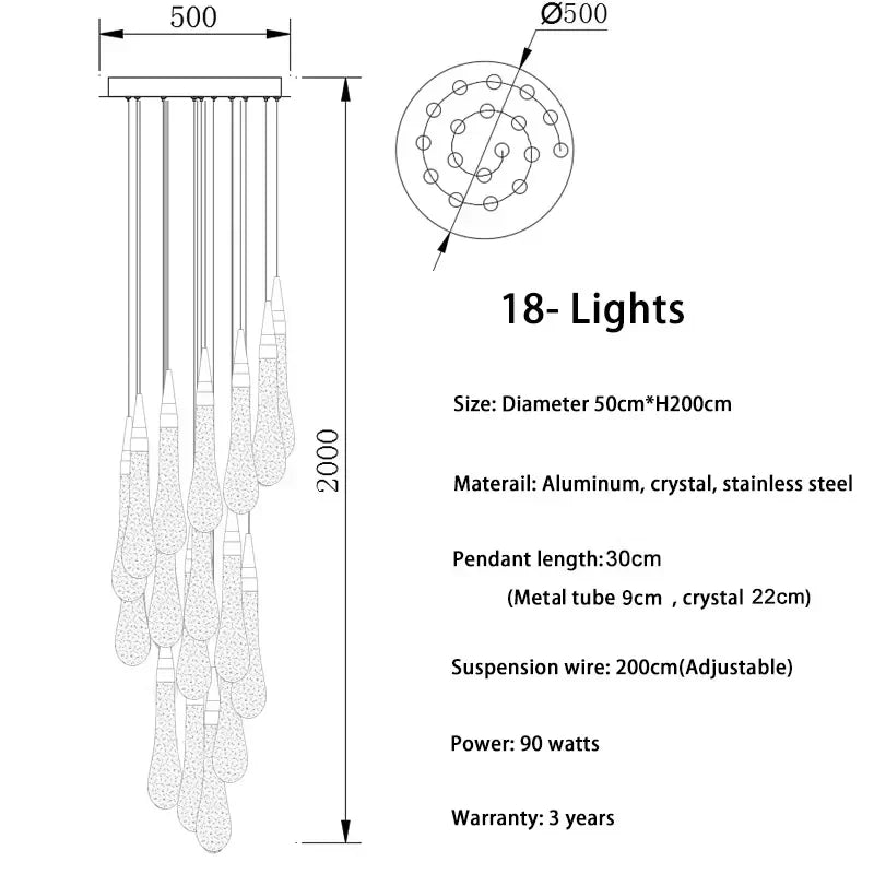 DecorBites™ Gold Drop Design LED Crystal Chandelier for Staircase & Lobby