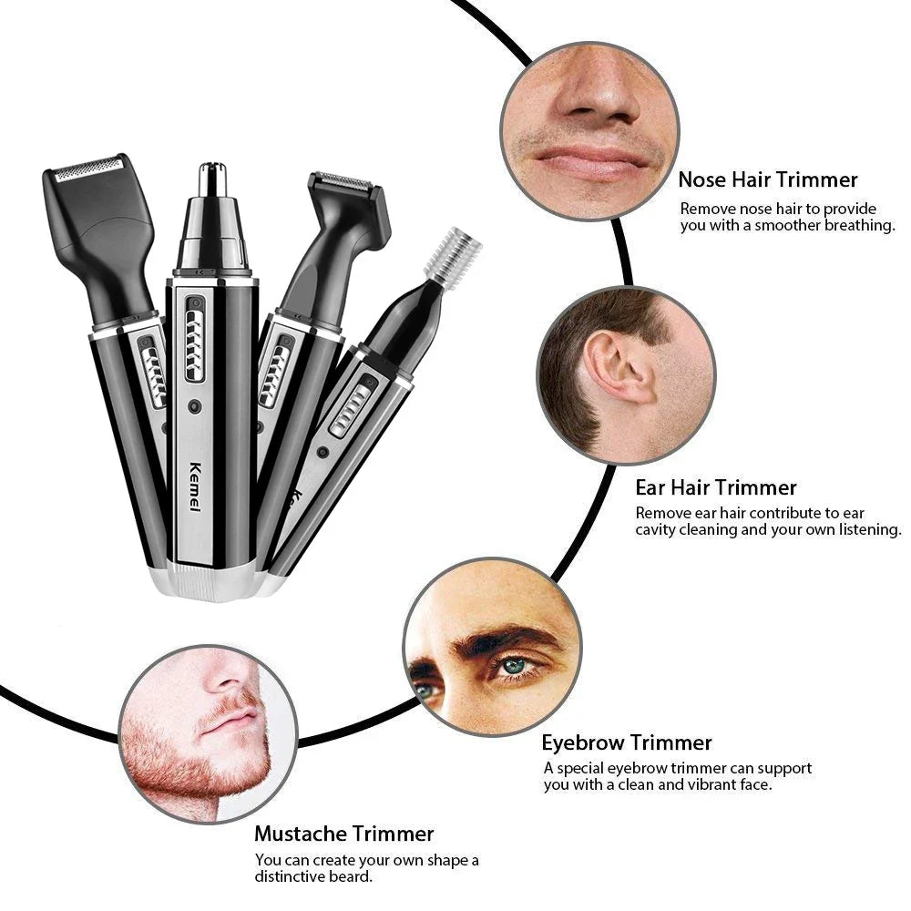 4-in-1 Rechargeable Nose & Ear Trimmer for Men, Beard & Eyebrow Groomer with Washable Heads
