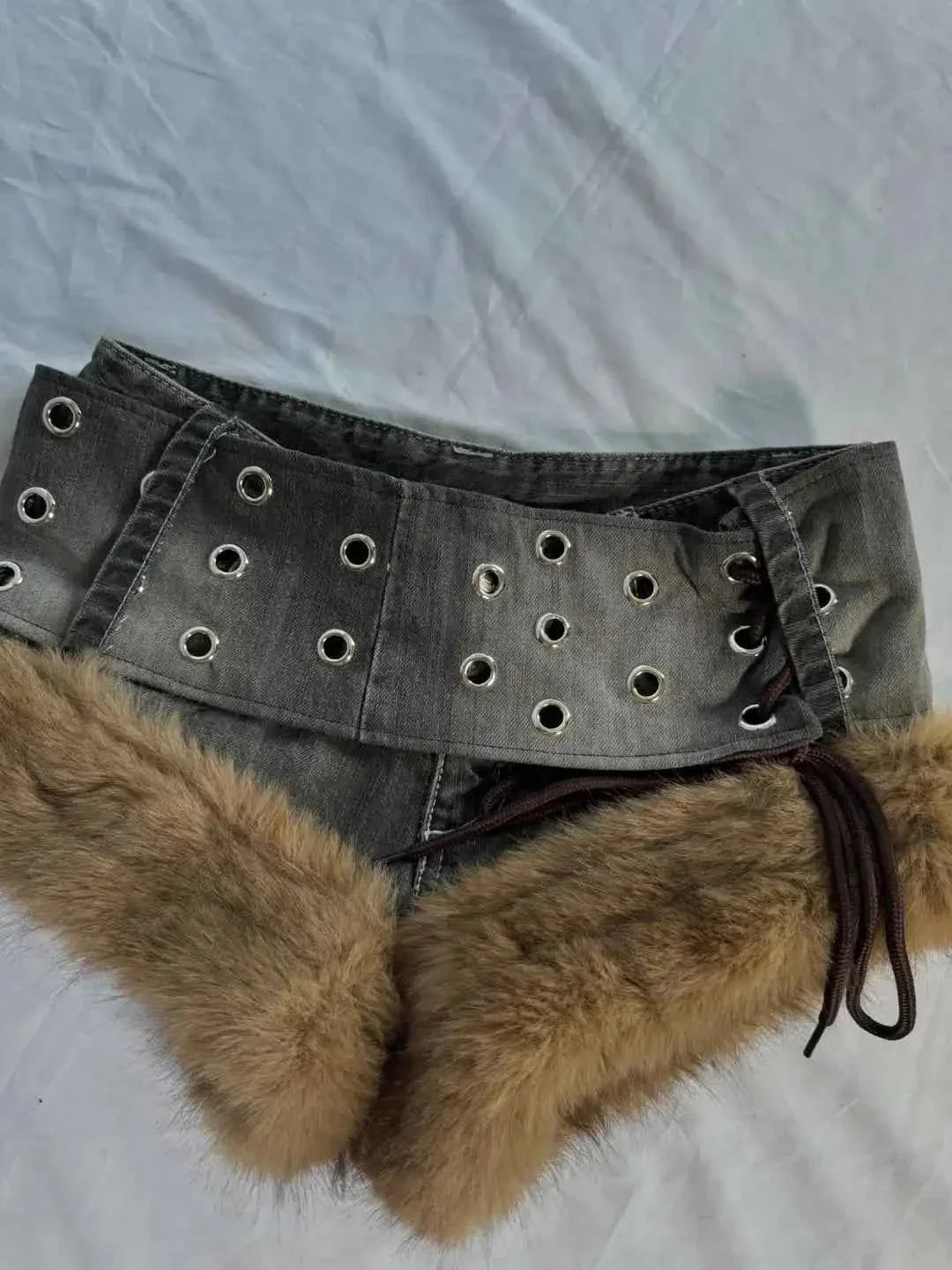 Fur Collar Mini Denim Bottoms for Women Y2k Personality
