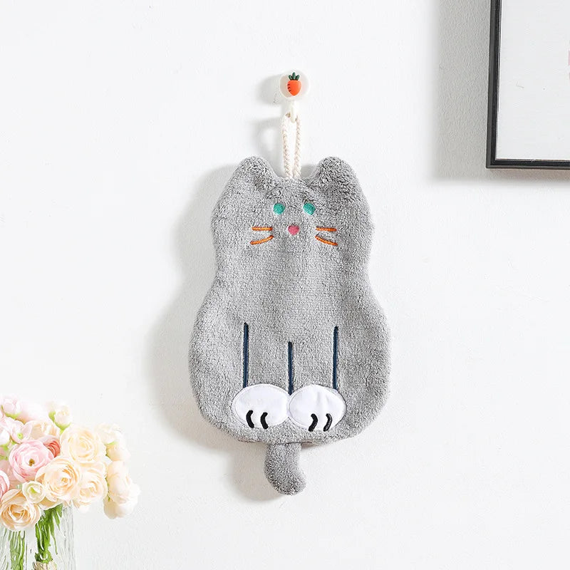 DecorBites™ Coral Plush Cat Microfiber Hand Towel: Cute Quick-Drying Kitchen Bathroom Accessory
