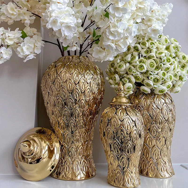 DecorBites™ Gold Ceramic Vintage Bottle Ginger Pot Flower Vase Decor Ornament
