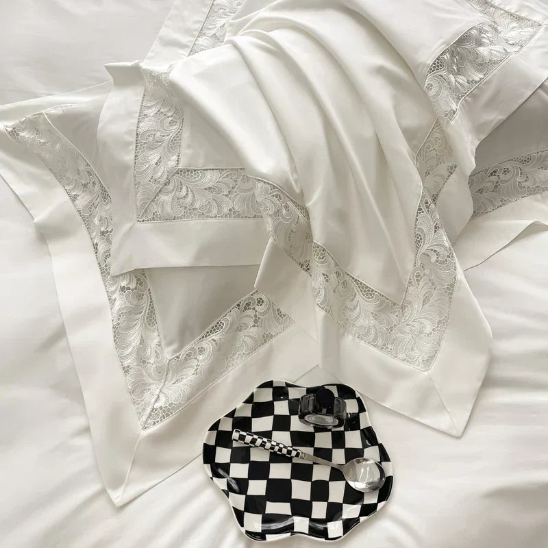 DecorBites™ Lace Embroidery 1200TC Egyptian Cotton 4Pcs Bedding Set with Wide Hollow Design