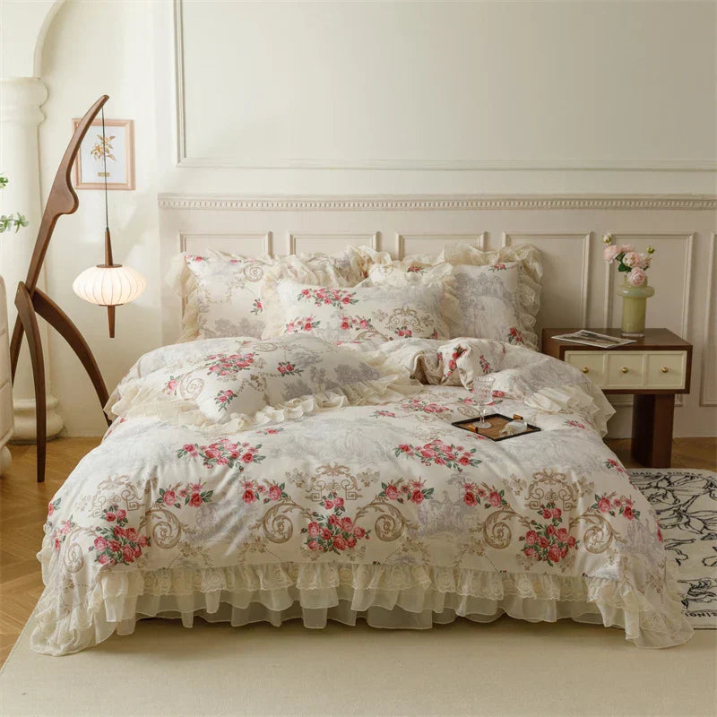 DecorBites™ French Country Flowers Print Bedding Set with Lace Ruffles