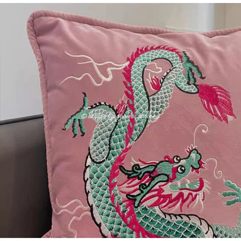 DecorBites™ Dragon Velvet Pillow Cover 48x48 Pink Outdoor Decor for Couch Bed