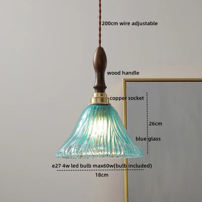 DecorBites™ Green Glass LED Pendant Lamp with Knob Switch, Copper Chandelier
