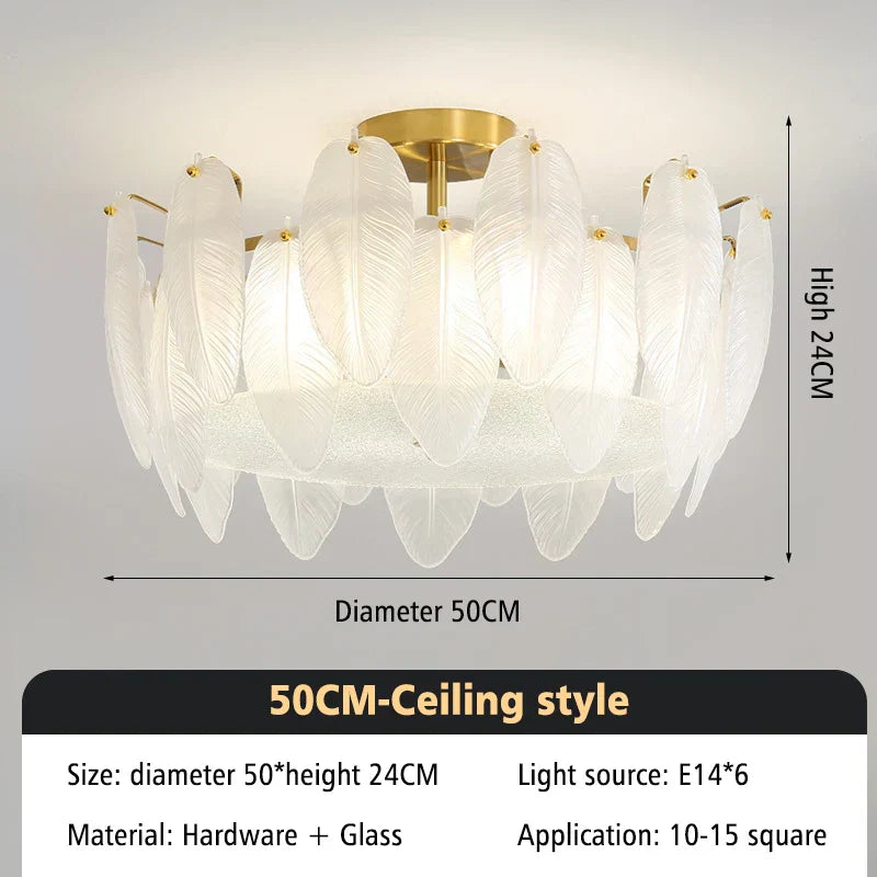 DecorBites™ Glass Feather Chandelier: Luxury Art Decor Ceiling Chandelier for Living Dining Room