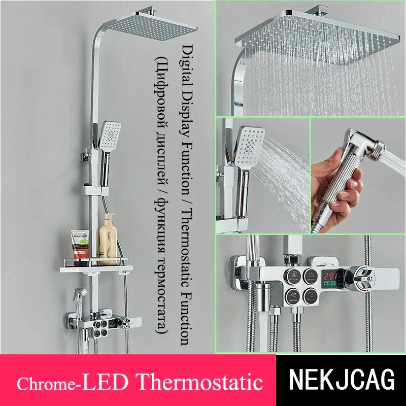 DecorBites™ Digital Display Thermostatic Shower Faucet Set, Rain Shower Column, Wall Mount - Black/Chrome
