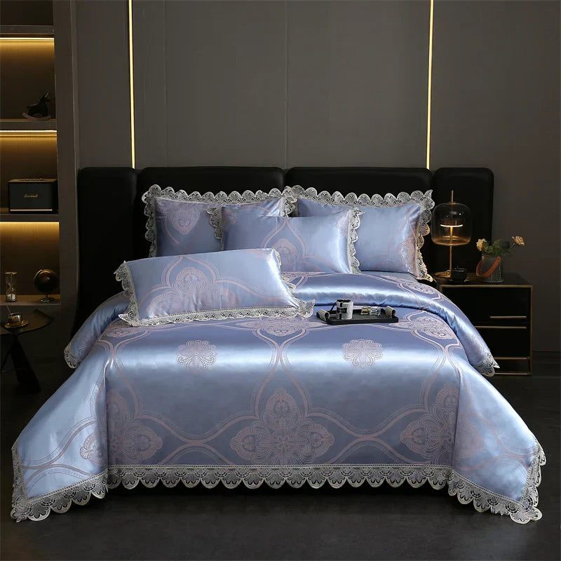 DecorBites™ Golden Jacquard Cotton Lace Bedding Set - Silky Soft Duvet Cover, Flat Sheet, Pillowcase