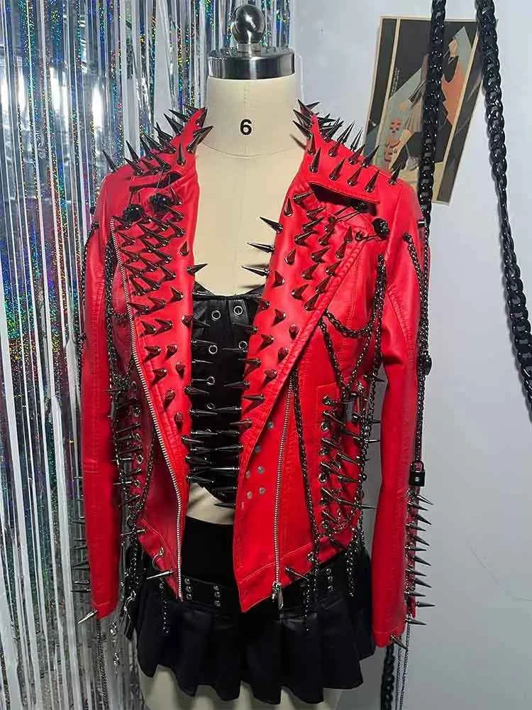Women's Spiked Studded Rivet Goth Emo Pu Leather Jacket Grunge