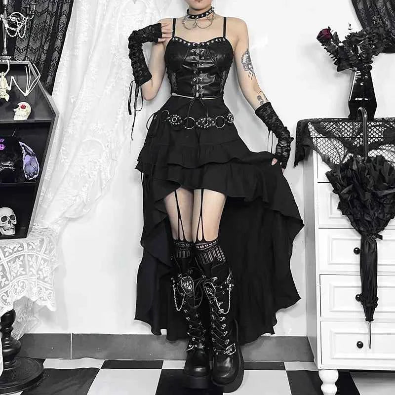 Goth Dark Kawaii Black Tiered Skirt 90S Retro Irregular Hem