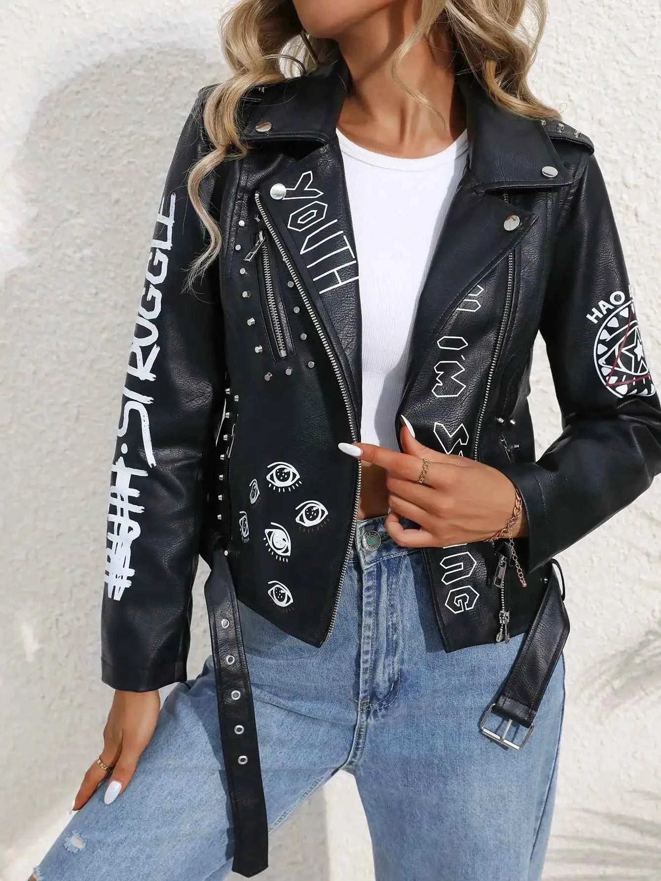 Women's Faux PU Leather Jacket Casual Lady Lapel Zipper Graffiti Print