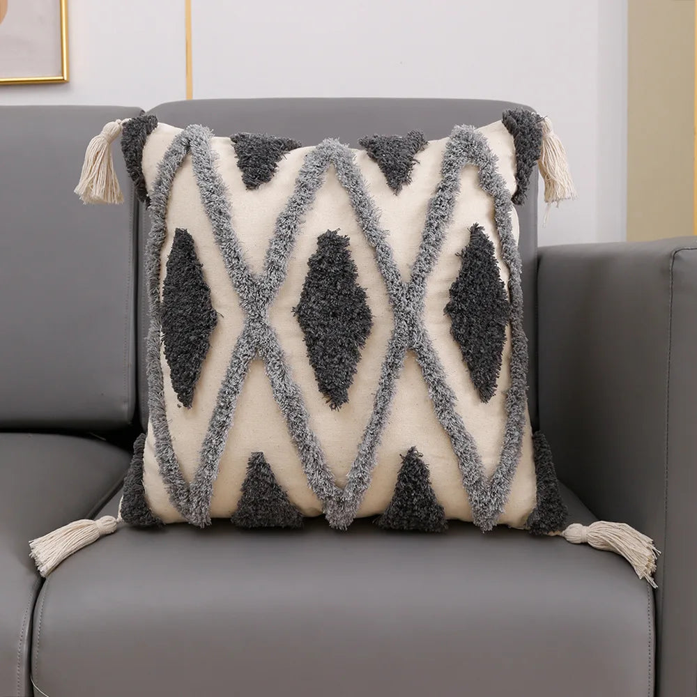 DecorBites™ Geometric Tufted Tassel Pillow Cover - Handcrafted Boho Chic Cushion Cover