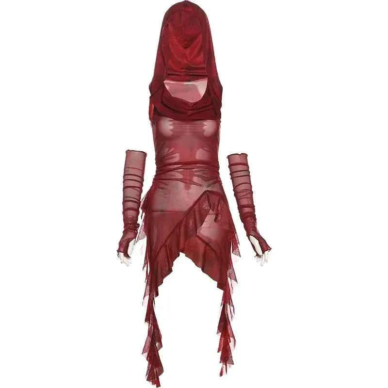 Red Mesh See Through Top Streetwear T-shirt Irregular Ruffle
