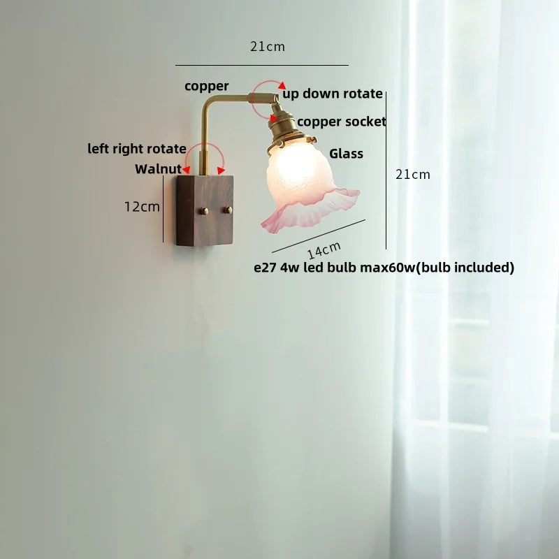 DecorBites™ Glass Pink LED Wall Lights Pull Chain Switch Rotatable Sconce Bedside Lamp