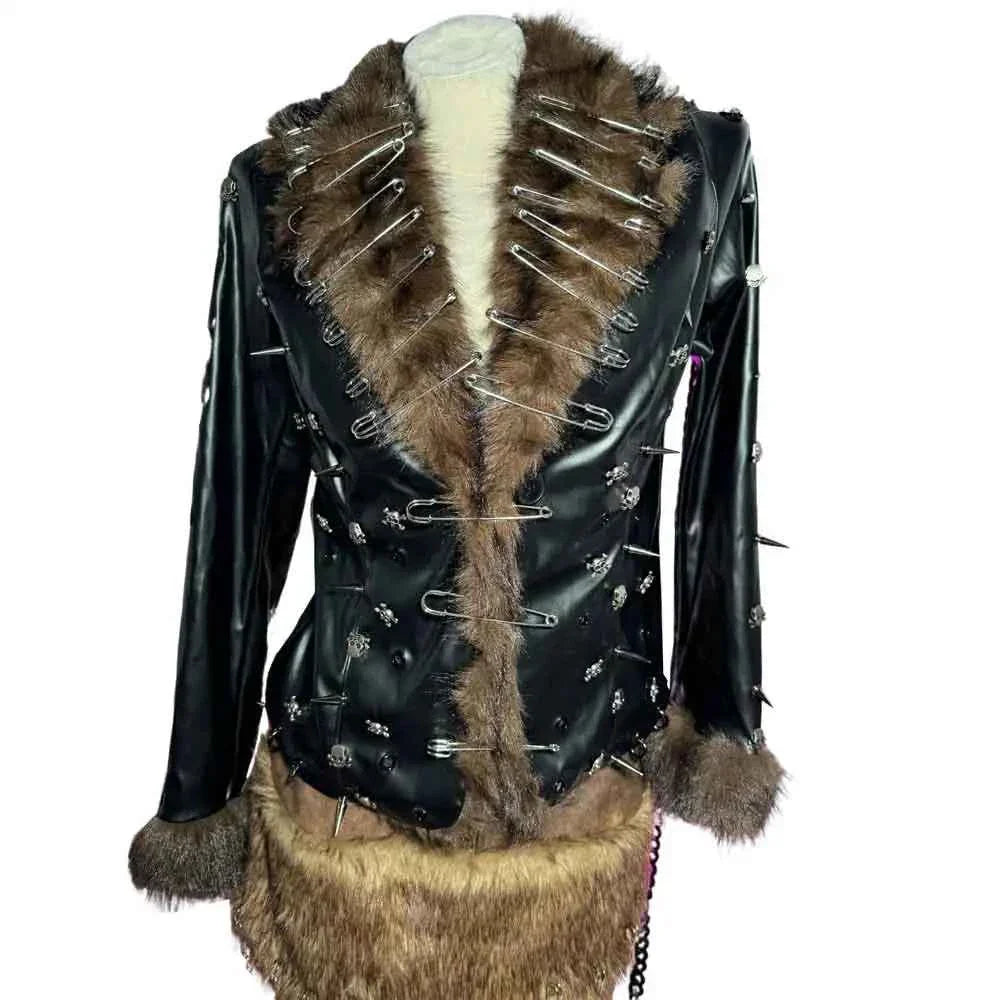 Grunge Goth Hand Made Punk Rock Studded Y2K Vegan Leather Faux Fur Jacket Pin