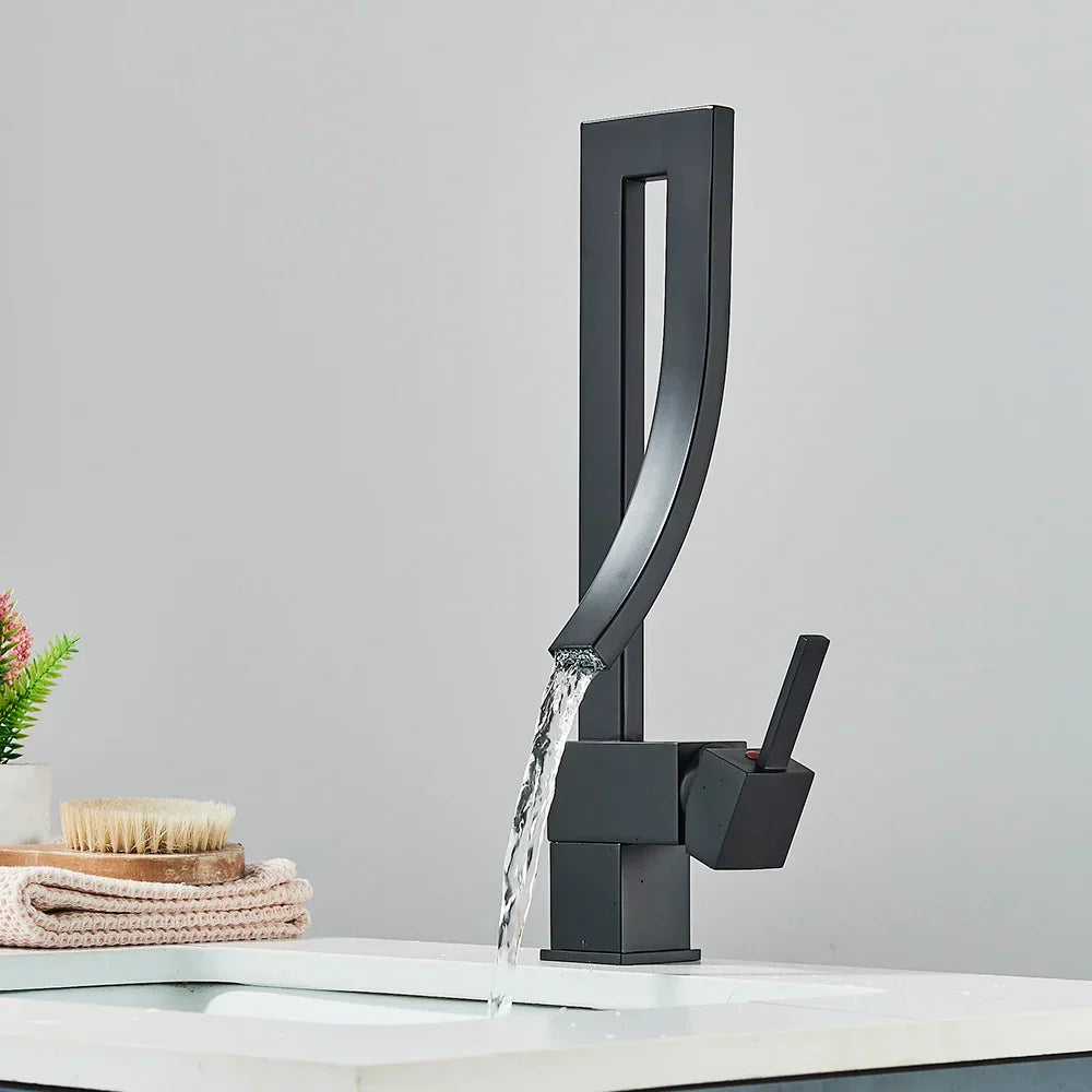 DecorBites™ Black Brass Waterfall Basin Faucet with Single Handle Mixer Tap