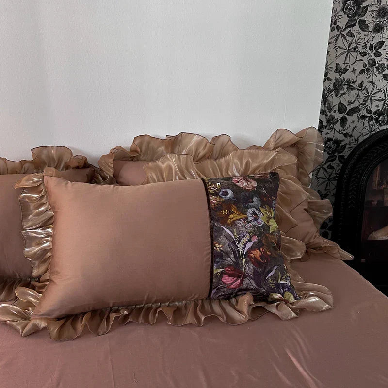 DecorBites™ French Organza Lace Ruffles Bedding Set, Egyptian Cotton Duvet, Sheets & Pillowcases
