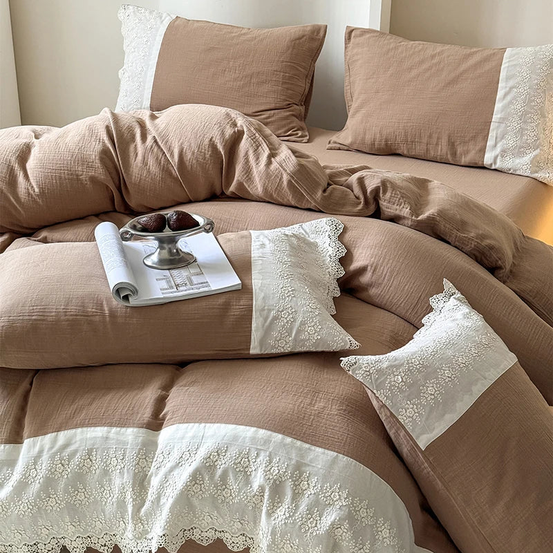 DecorBites™ French Lace Cotton Bedding Set: Duvet, Sheet, Pillowcases, 4Pc