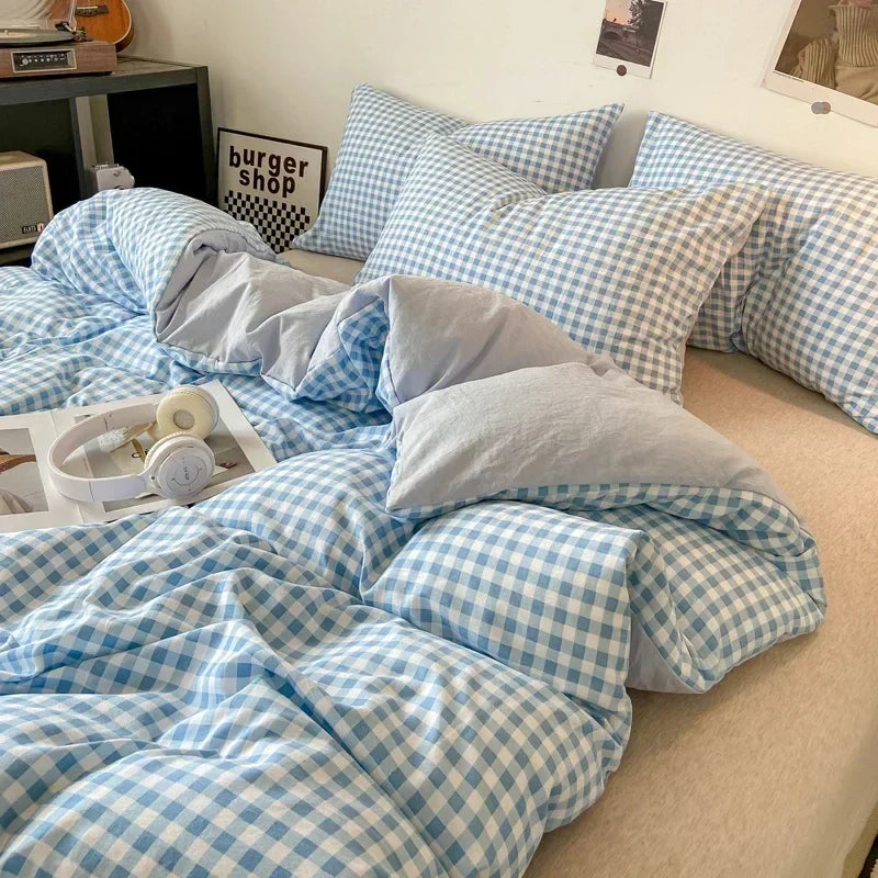 DecorBites™ Japanese Style Check Duvet Cover Set - Soft Washed Quilt Cover & Pillowcase