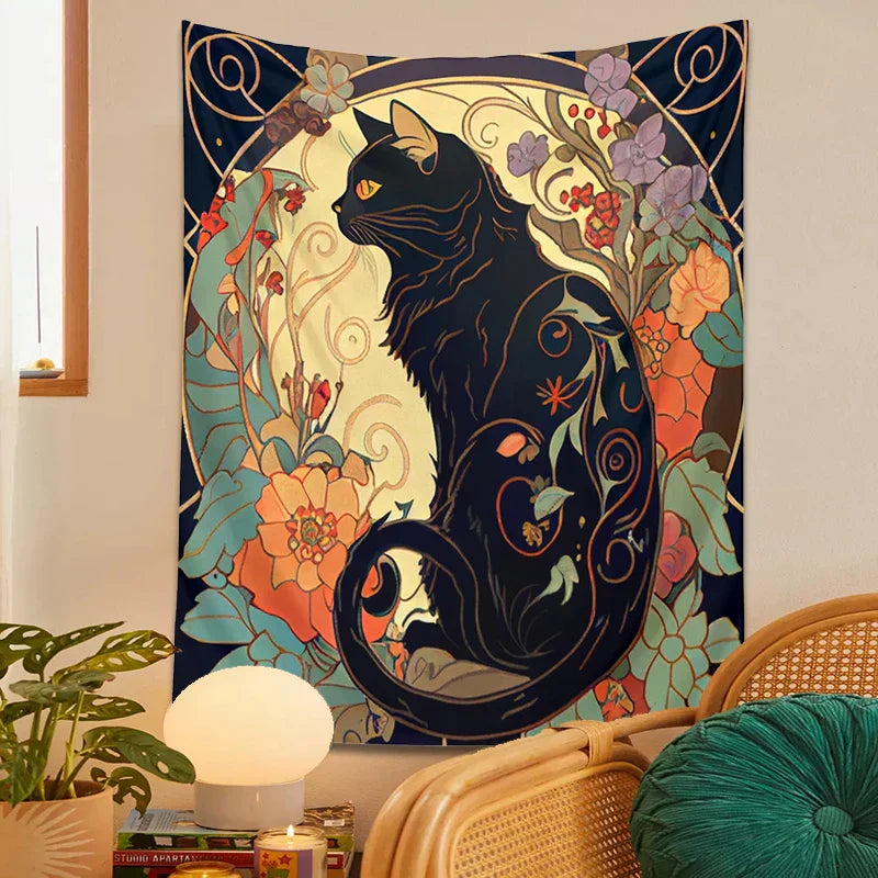 DecorBites™ Black Cat Tapestry Wall Hanging - Psychedelic Floral Art for Cat Lovers