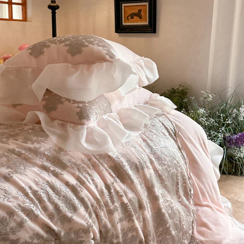 DecorBites™ French Lace Ruffles Princess Bedding Set with Warm Milk Velvet Duvet Cover
