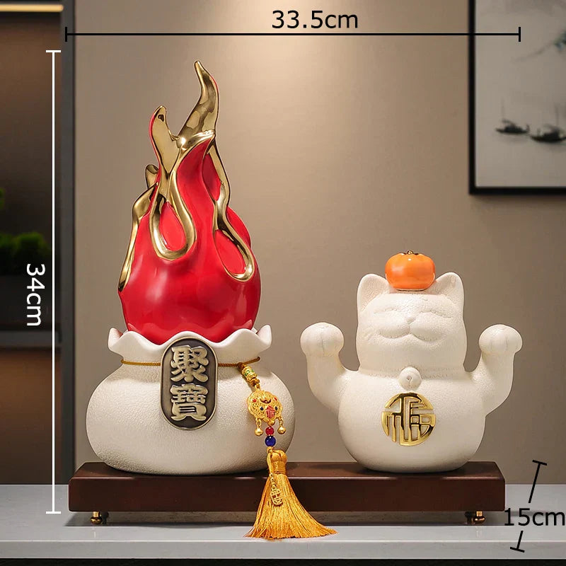 DecorBites™ Gilded Pitaya Cat Ceramic Feng Shui Ornament Landscaping Decoration