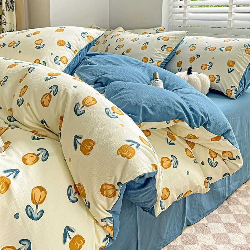 DecorBites™ Cotton Flower Printed Comforter Set: Breathable Double-Layer Yarn, Soft Bedding for Girls