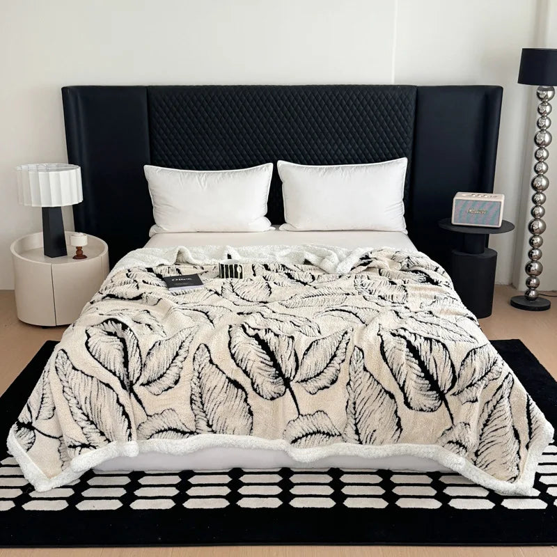 DecorBites™ Leaf Jacquard Double-Layer Flannel Blanket for Sofa and Bed