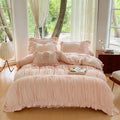 DecorBites™ French Pleat Lace Ruffles Bedding Set, Velvet Fleece Duvet Cover, Embroidered Flowers