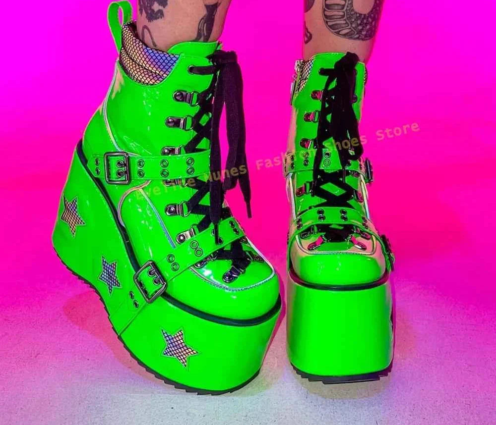 Green Spaced Out Platform Boots Round Patchwork Women Cyberpunk