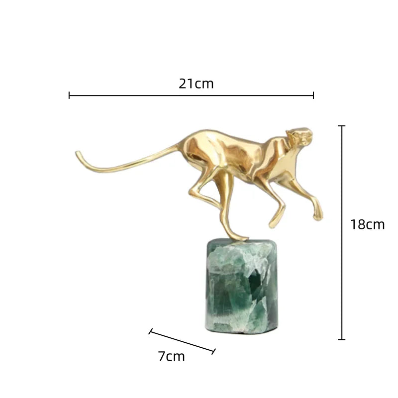 DecorBites™ Golden Leopard Brass Cheetah Figurine Green Marble Base Metal DecorAccessory