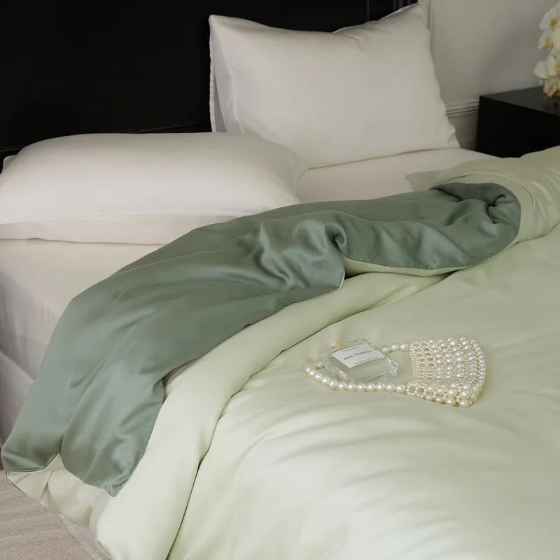 DecorBites™ Double Layer Satin Queen Duvet Set Smooth & Cool Luxury Quilt Cover Pillowcases