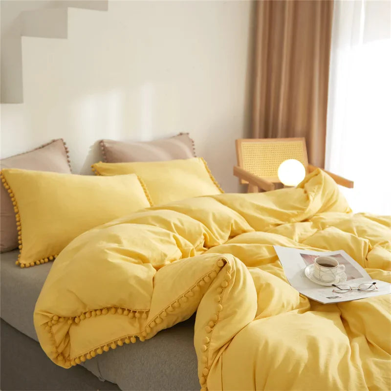 DecorBites™ Furball Tasseles Bedding Set | King/Queen Duvet Cover & Washed Quilt Cover Set