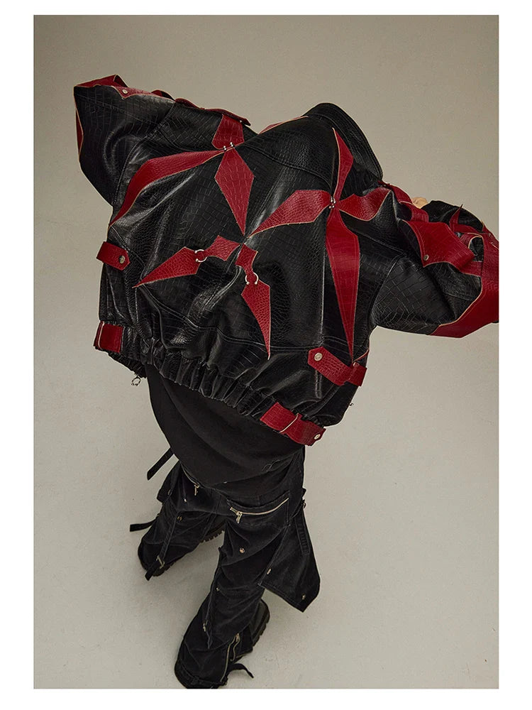 High Quality Crocodile Patchwork Pu Leather Coat Luxury Streetwear Men's Gothic Urban