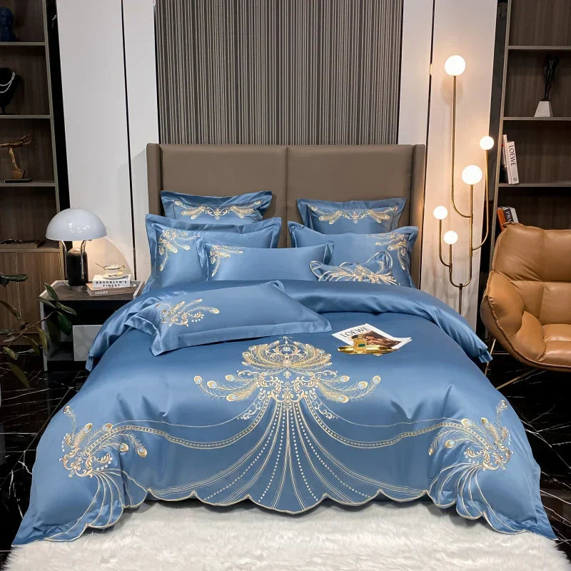 DecorBites™ Gold Feather Embroidery Egyptian Cotton Patchwork Bedding Set
