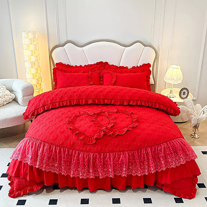 DecorBites™ Korean Princess Style Bedding Set with Lace Ruffles and Love Theme