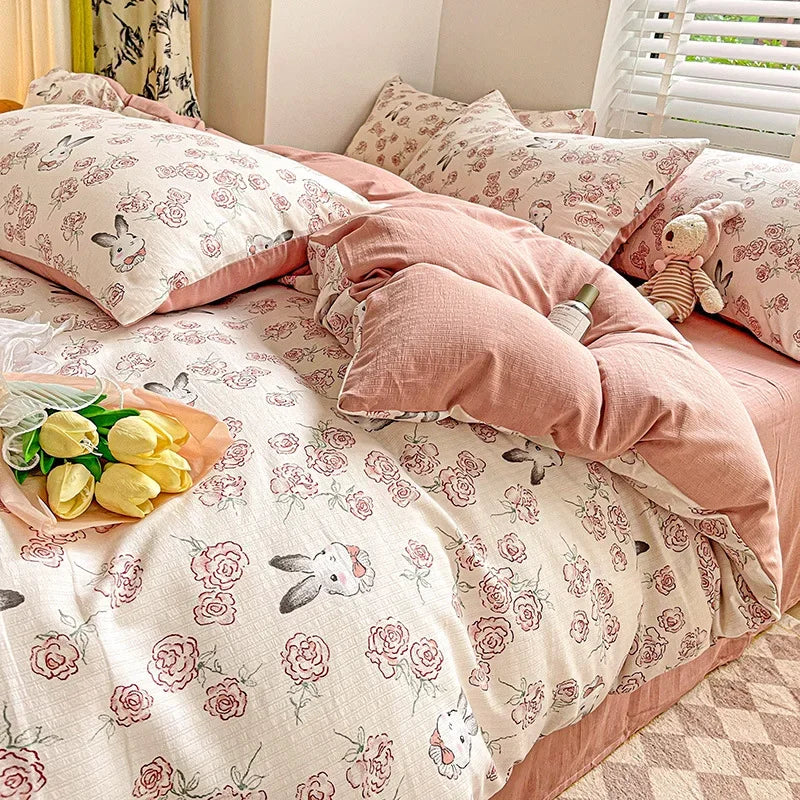 DecorBites™ Cotton Flower Printed Comforter Set: Breathable Double-Layer Yarn, Soft Bedding for Girls